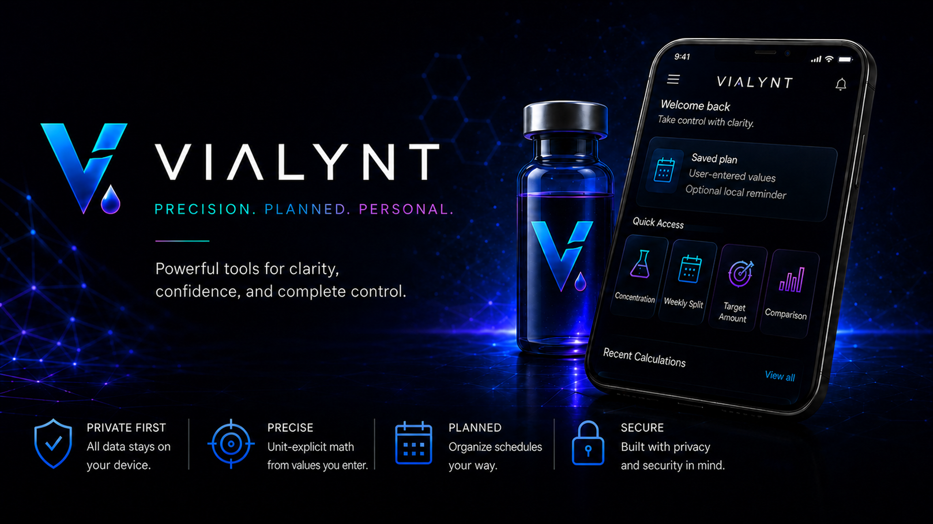 Vialynt. Precision. Planned. Personal. Private calculation and planning tools for Android.
